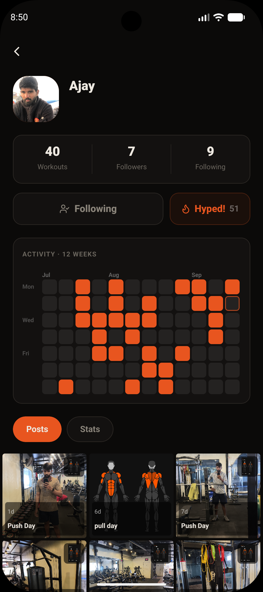 Setz profile with activity calendar, follower stats, and hype count
