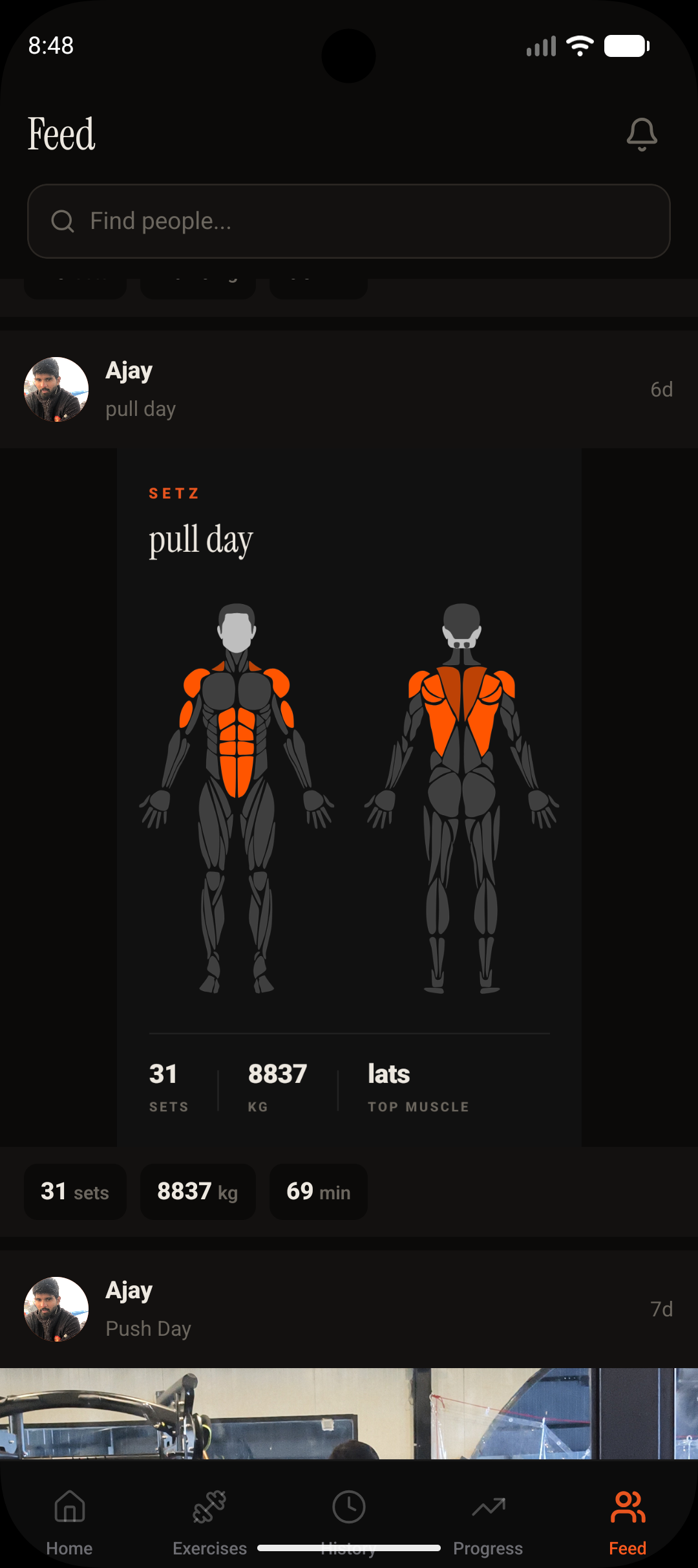Setz social feed showing a friend's workout post with muscle heatmap